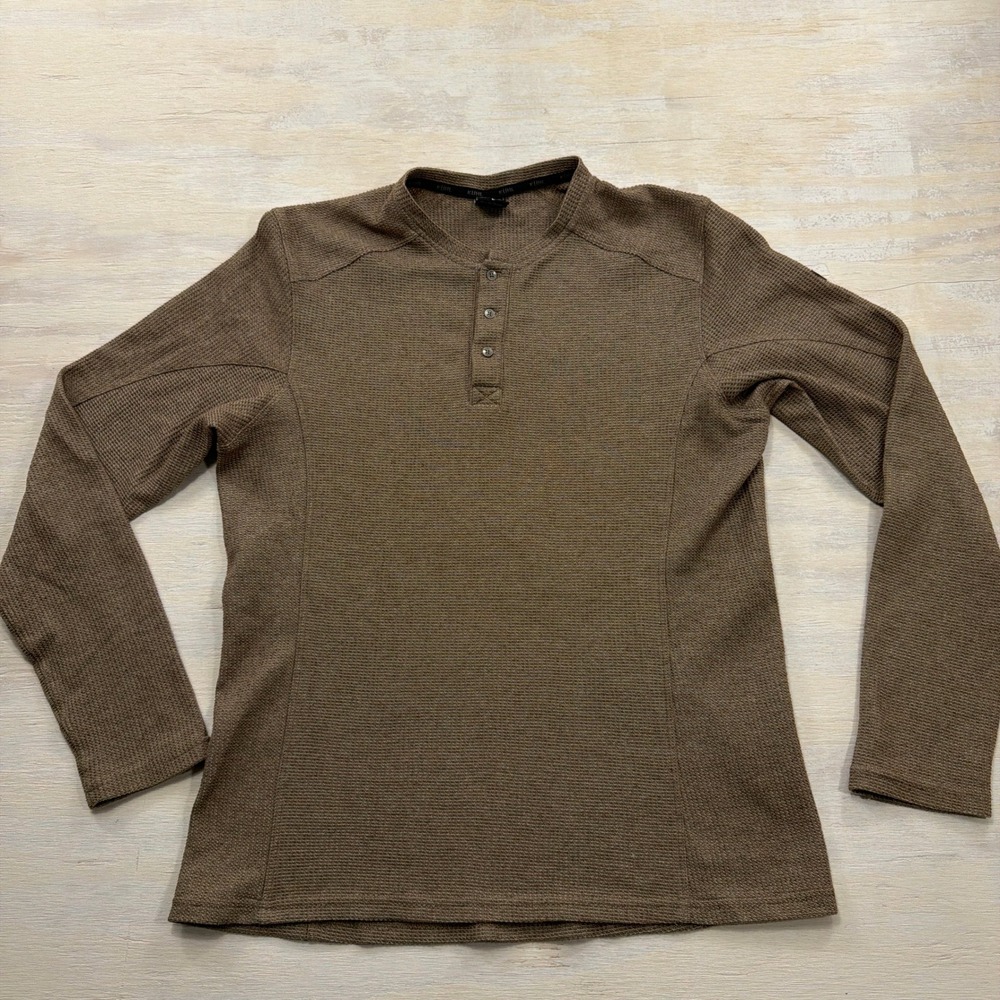 Kuhl Henley Shirt 7472 Large Waffle Knit Long Sleeve Brown Mens